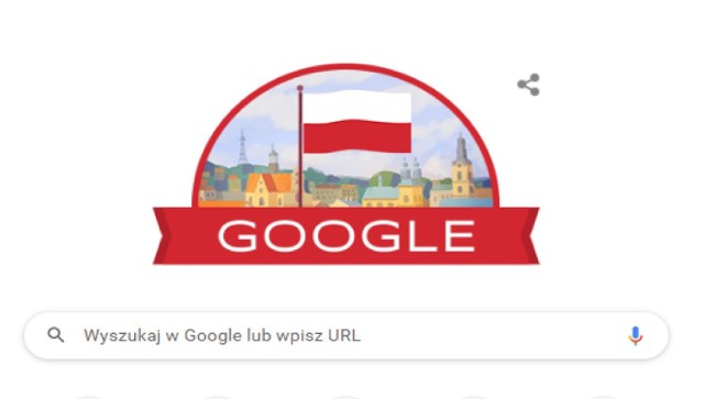 Doodle z okazji Święta Niepodległości Polski z biało-czerwoną flagą i panorama Przemyśla w tle.