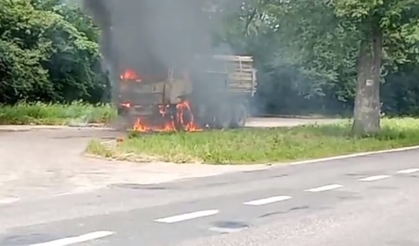 Samochód ciężarowy z drzewem stanął w płomieniach! Zobaczcie nagranie!