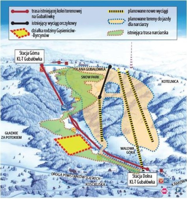 Na mapie widać, jak obecnie wygląda (nieczynna) trasa na Gubałówce oraz jaki jest pomysł na obejście działek Byrcynów