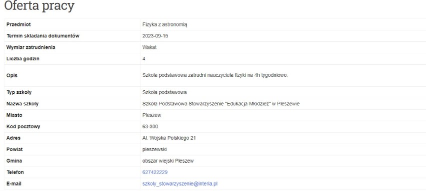 Na liście ofert pracy opublikowanej przez Wojewódzkie...
