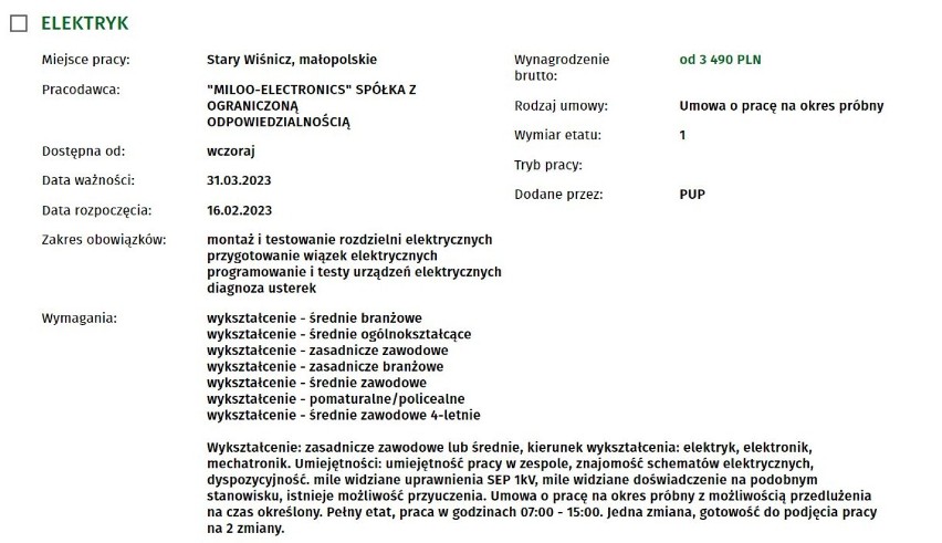 Oferty pracy Powiatowego Urzędu Pracy w Bochni, luty 2023
