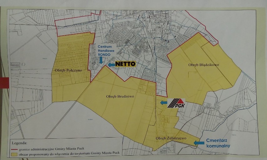 Mapa terenów, które miałyby zostać przyłączone do miasta Puck 12.09.2019