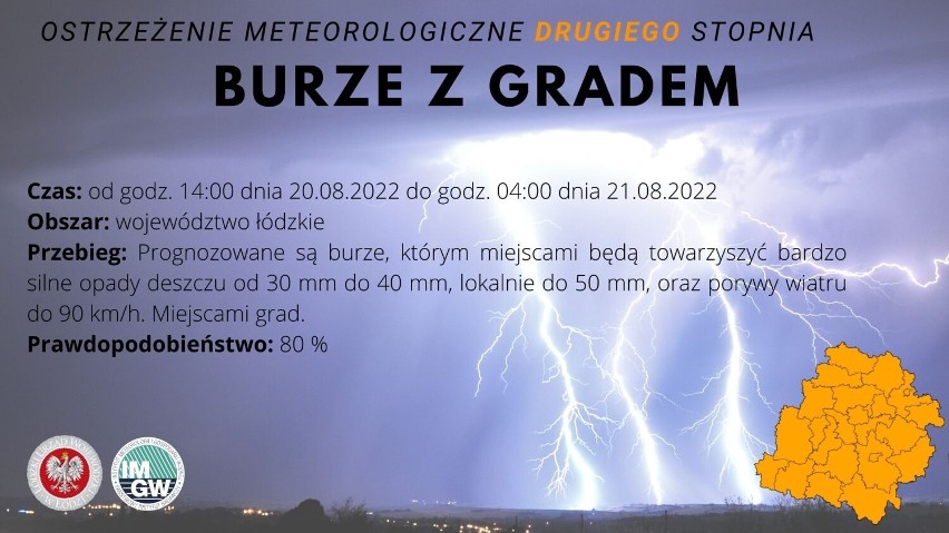 Ostrzeżenie przed burzami z gradem i silnym wiatrem dla powiatu tomaszowskiego