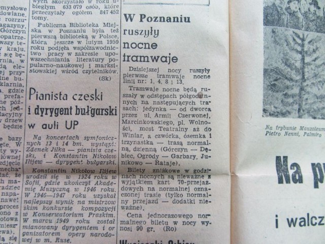 Archiwalny numer Głosu Wielkopolskiego z 11 marca 1953 roku informował o inauguracji nocnej komunikacji tramwajowej w Poznaniu