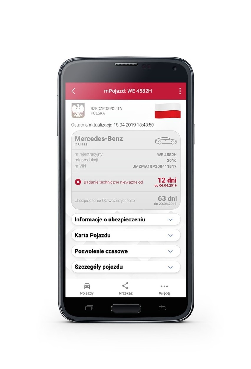 Zrzut ekranu aplikacji mObywatel - usługi mPojazd