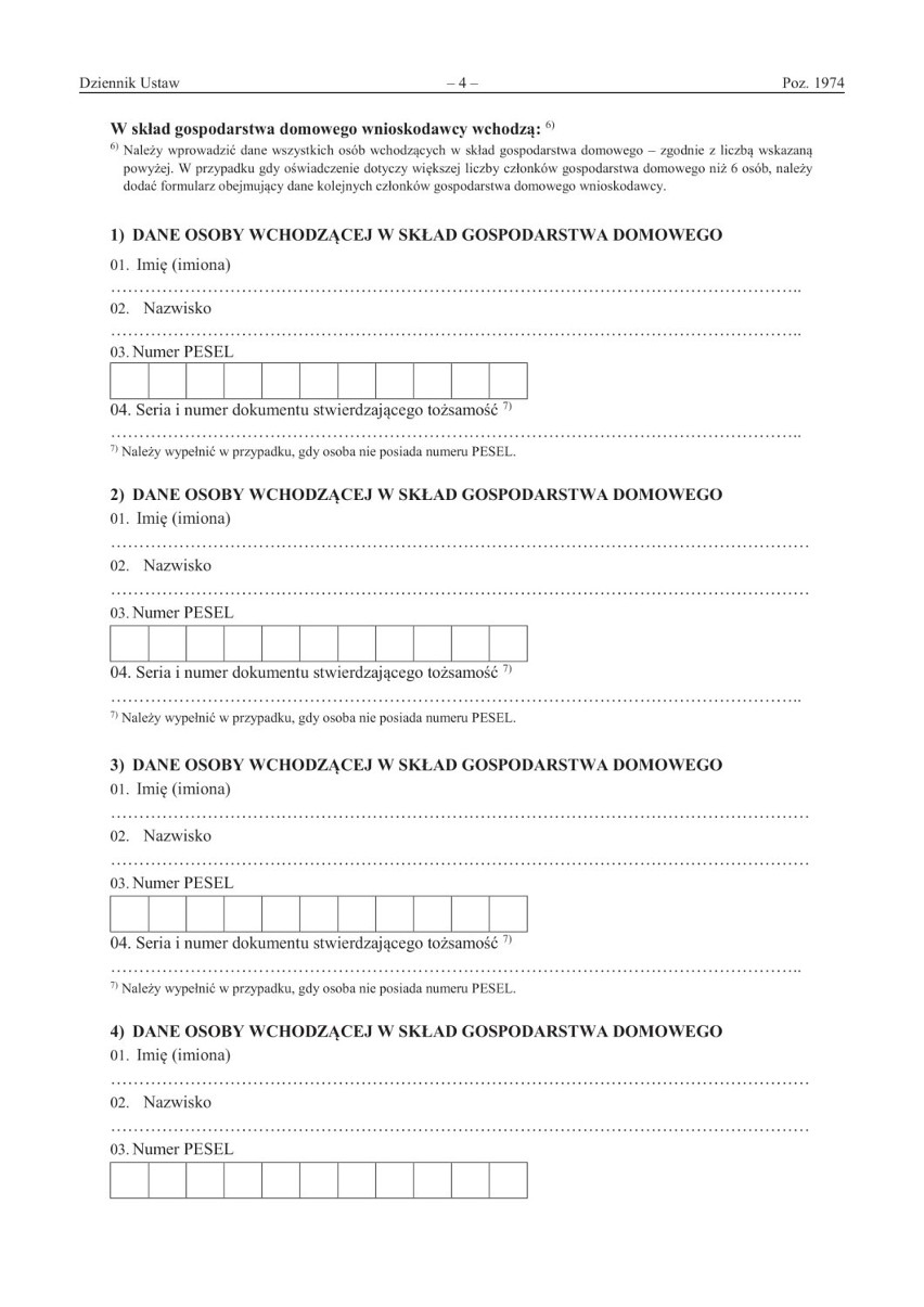 Dalej podajemy dane osób, które wchodzą w skład gospodarstwa...