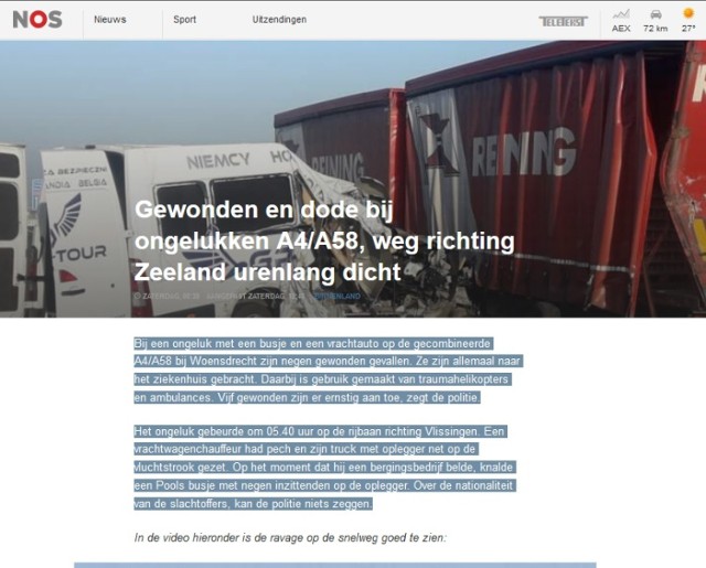 Wypadek polskiego busa w Holandii. O zdarzeniu informował portal nos.nl