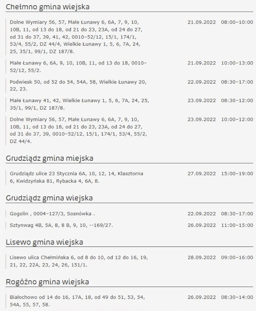 Tu nie będzie prądu w Kujawsko-Pomorskiem [miasta, gminy - 23.09.2022]