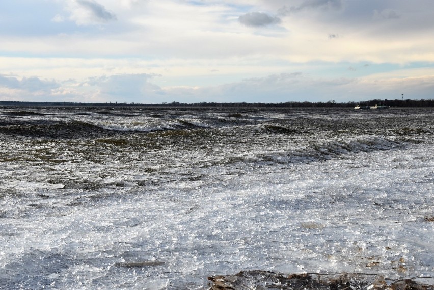 Turawa. Lód pokruszony przez wiatr na Jeziorze Dużym
