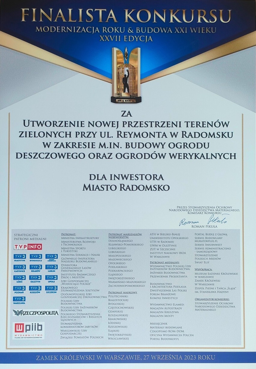 Radomsko z dyplomem finalisty konkursu „Modernizacja Roku & Budowa XXI wieku"