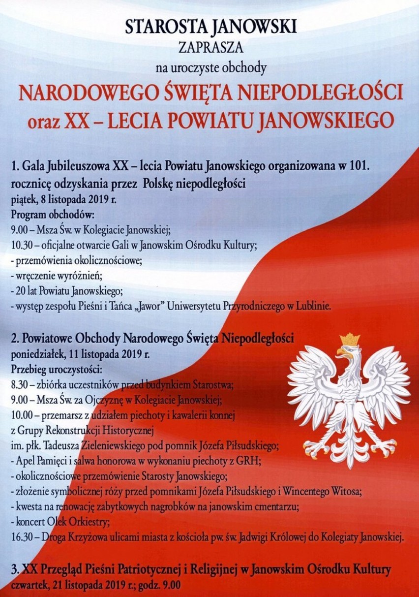 Święto Niepodległości 2019 w Janowie Lubelskim. Sprawdź, jakie wydarzenia zaplanowano