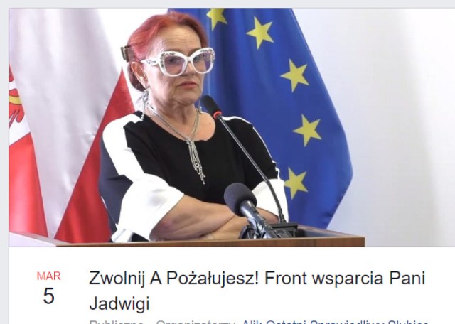 Na Facebooku utworzono specjalne wydarzenie: Zwolnij, a pożałujesz! Front wsparcia Pani Jadwigi