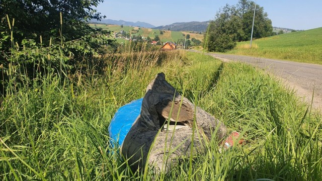 Śmieci na Gawlakach - leżą od kilku tygodni. Kilka dni temu leżały przy samym asfalcie. Niedawno ktoś "przestawił" je nieco - zapewne kopnięciem - nieco dalej...