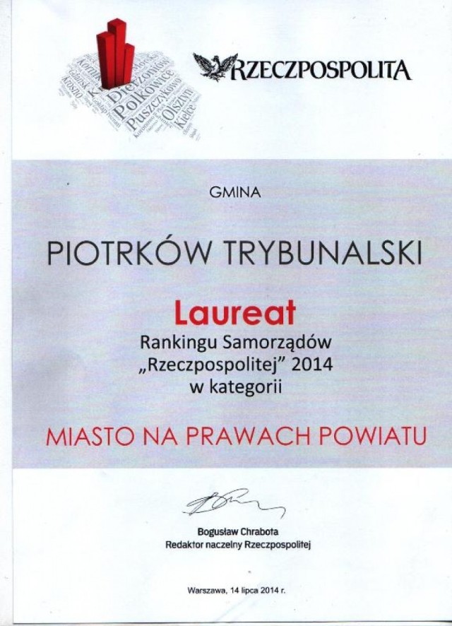 Piotrków Trybunalski zajął 29. miejsce w Rankingu Samorządów "Rzeczpospolitej" 2014 w kategorii miast na prawach powiatu