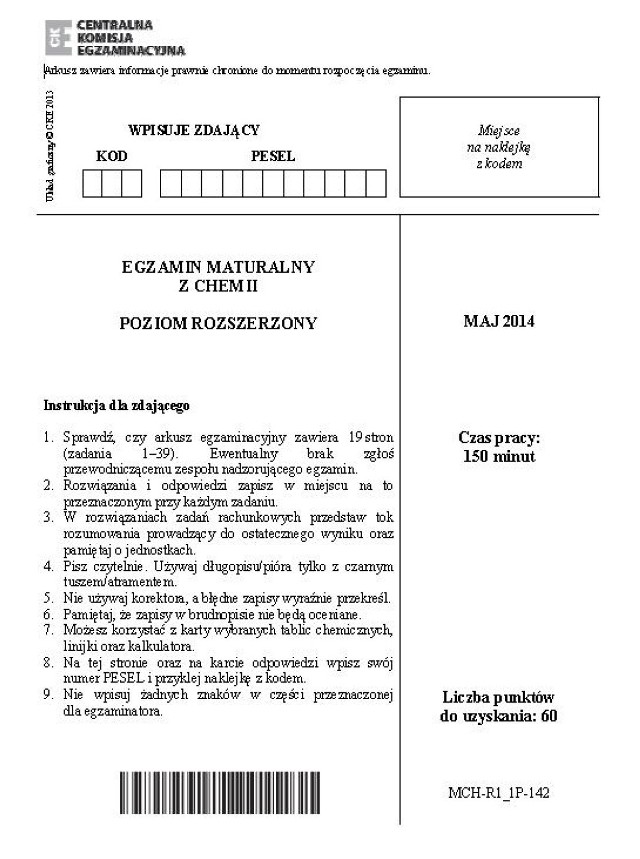 Matura 2014. chemia poziom rozszerzony