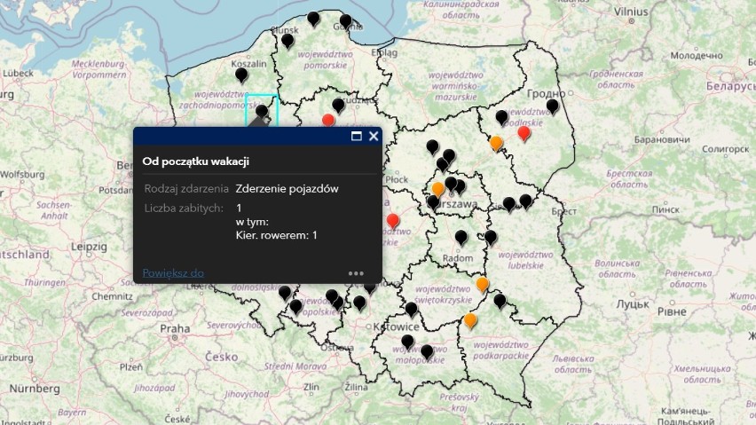 Mapa wypadków w Polsce.