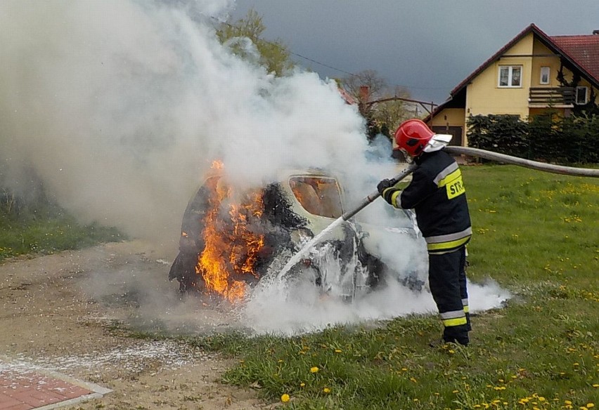Płonące auto ugasili strażacy zawodowi z Międzyrzecza.