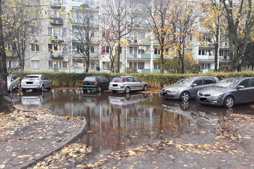 Podpatrzone w Stargardzie. Po deszczu zalany osiedlowy parking 