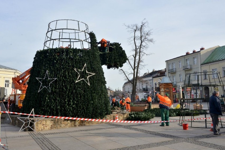 Ustawiają choinki na Rynku i placu Artystów w Kielcach 