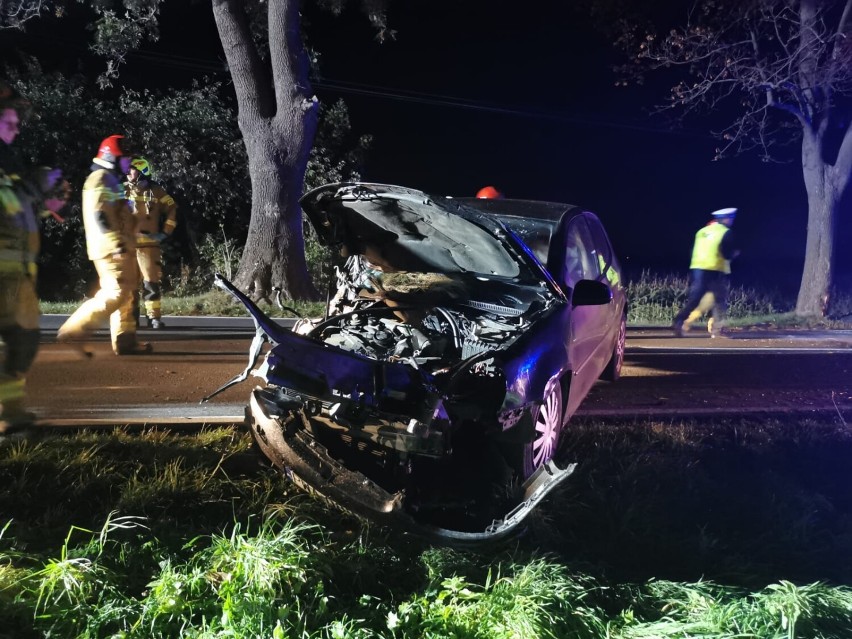 Wypadek na trasie Wągrowiec-Damasławek. Samochód uderzył w drzewo. Kierowca okazał się pijany!