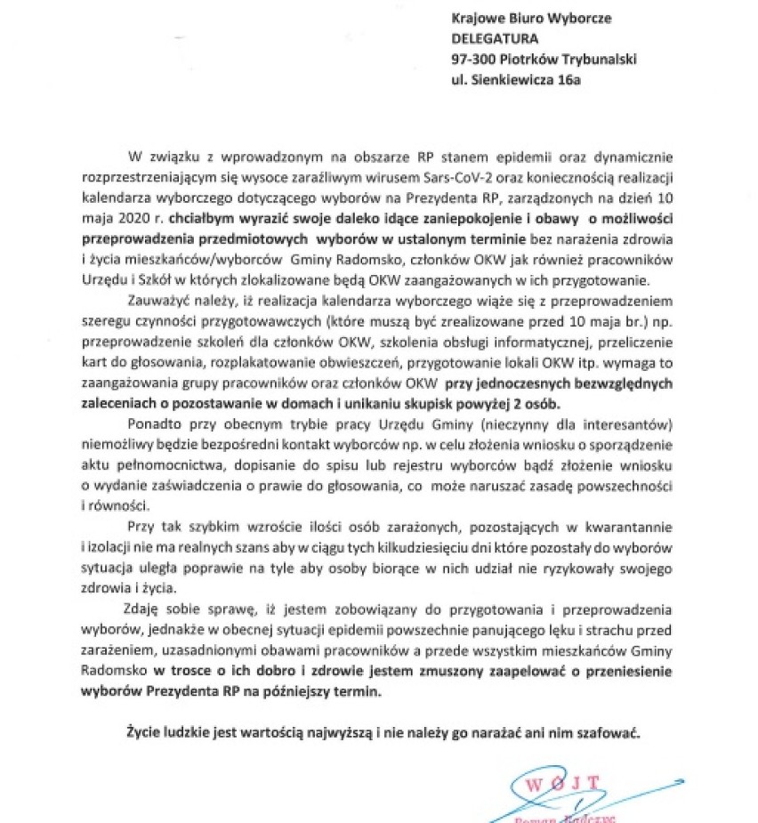 Wybory 2020. Wójt gminy Radomsko apeluje o przełożenie wyborów