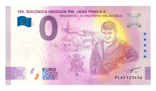 Nastoletni Karol Wojtyła, przyszły papież i święty; Jan Paweł II, na kolekcjonerskim banknocie euro