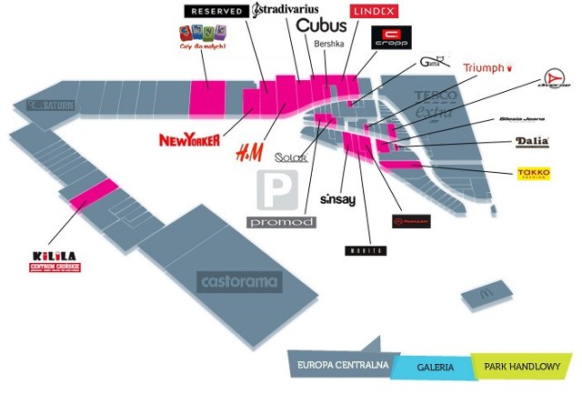 Europa Centralna: Sklepy z modą
Smyk, New Yorker, Reserved, H&M, Stradivarius, Cubus, Bershka, Lindex, Cropp Town, Promod, Solar, Triumph, Diverse, Sinsay, Mohito, House, Silesia Jeans, Dalia, Takko, Chińskie Centrum Handlowe