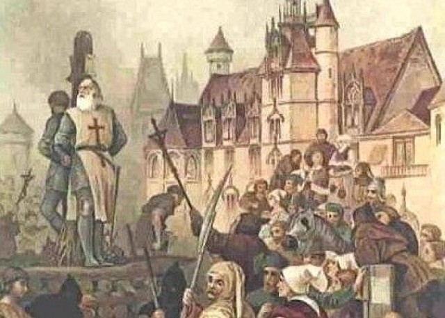 Egzekucja mistrza zakonu templariuszy Jakuba de Molay przez spalenie na stosie w 1314 roku.