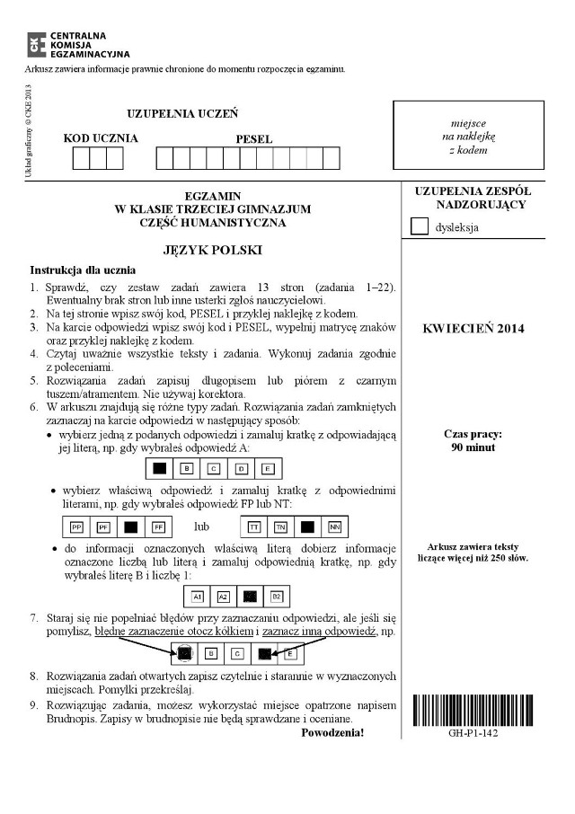 Egzamin gimnazjalny 2014 Łódź - język polski