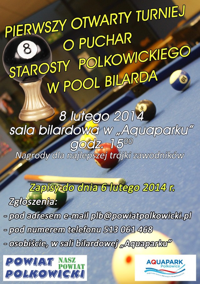 I Otwarty Turniej Pool Bilard odbędzie się 8 lutego o godz. 15 w polkowickim aquaparku.