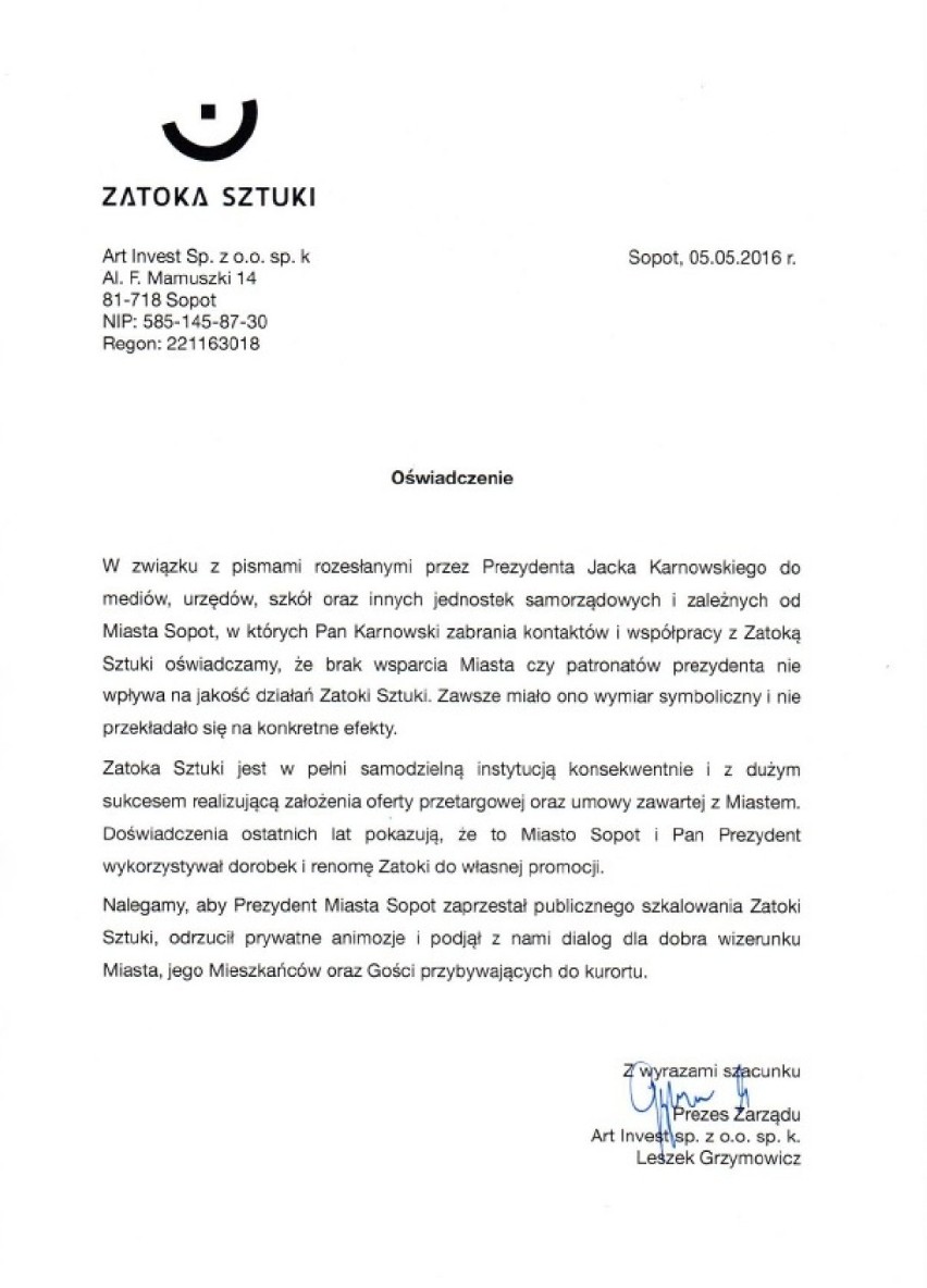 Sopot zerwał współpracę z Zatoką Sztuki. Druga strona przysłała OŚWIADCZENIE