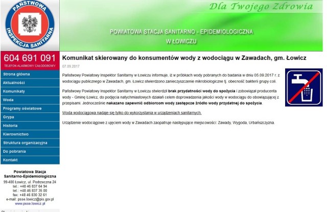 Na stronie łowickiego sanepidu komunikat o zakazie spożycia wody pojawił się 7 września. Tego samego dnia gmina zaczęła informować mieszkańców o zatruciu wody