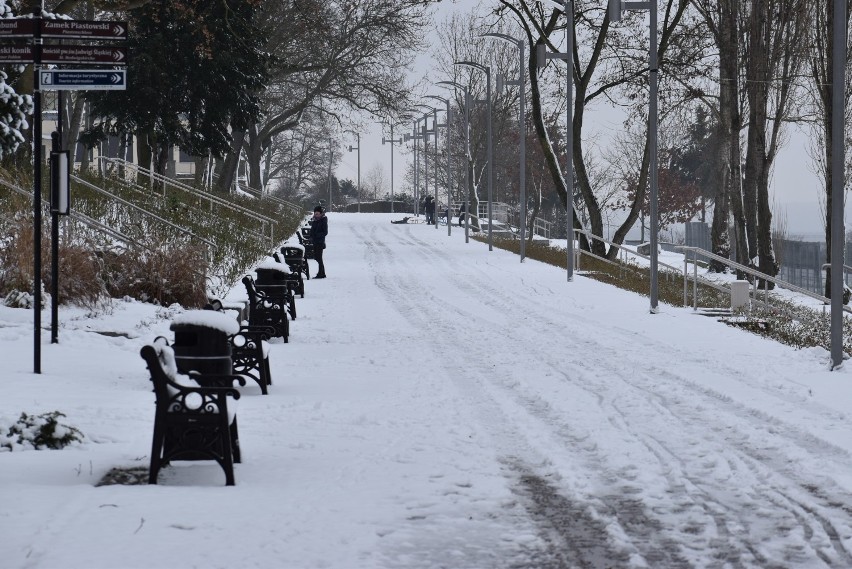 Park Tysiąclecia w Krośnie Odrzańskim w zimowej oprawie.