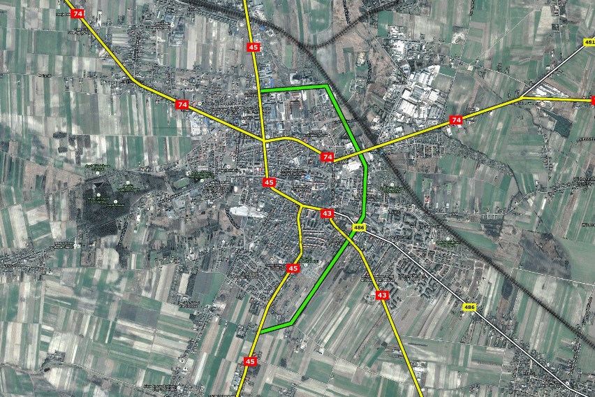 Zielonym kolorem zaznaczono planowany przebieg trasy, która ma swój początek przy ZUGiL-u, a koniec w Gaszynie