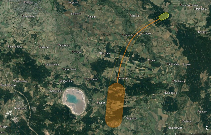 To mapa, na której zaznaczono obszar upadku meteorytów....