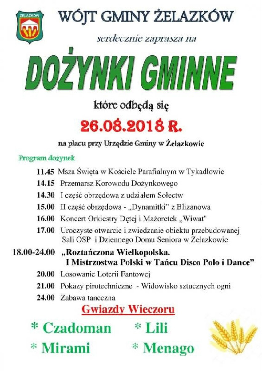 Dożynki 2018 w powiecie kaliskim. Dziś świętować będą gminy Szczytniki, Opatówek, Żelazków i Koźminek