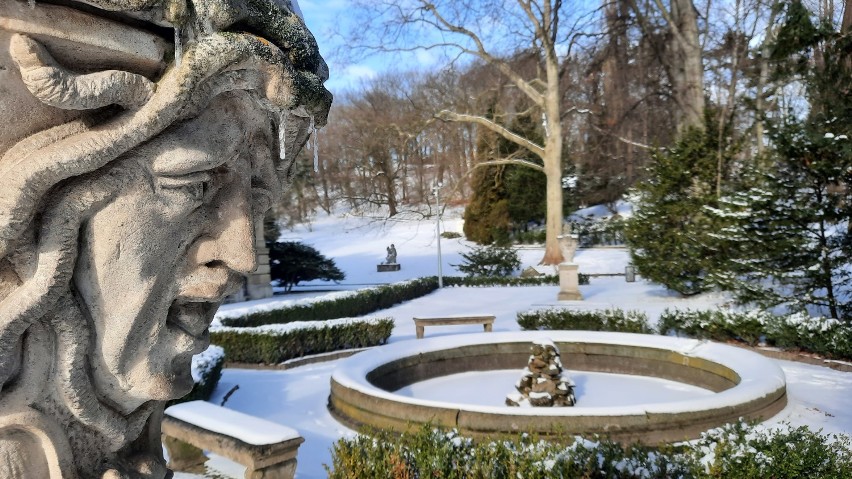 Tajemniczy ogród w Gorzowie także przysypany śniegiem...