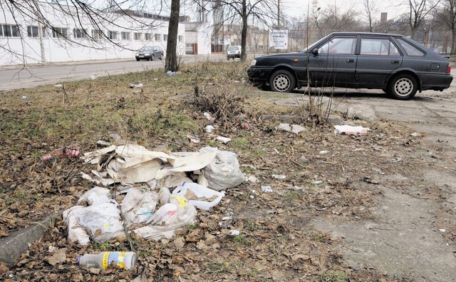 Na parkingu przy ul. Rembielińskiego leżała sterta foliówek pełnych śmieci.