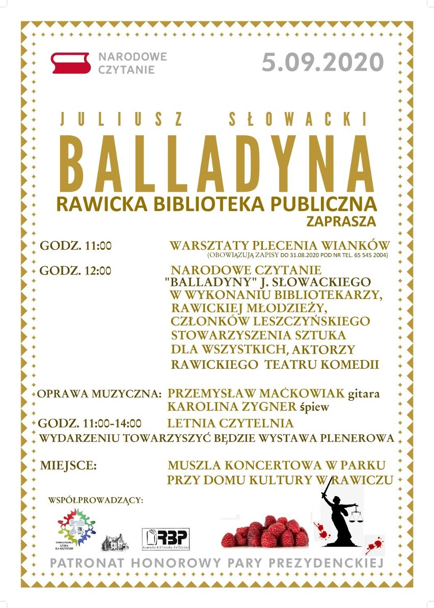 Rawicz - Narodowe Czytanie 2020. W Rawiczu również będą czytać "Balladynę" Juliusza Słowackiego. Gdzie?