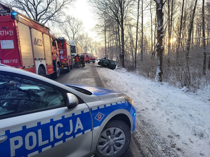 Wypadek na DK48 w Brudzewicach. Samochód uderzył w drzewo....