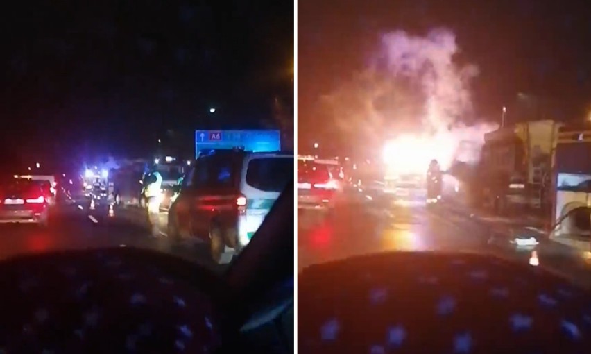 Pożar piaskarki na autostradzie. Zablokowana droga z Kołbaskowa do Szczecina [WIDEO, ZDJĘCIA]