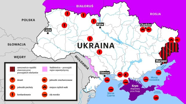 Mapa bitew i starć rosyjsko-ukraińskich. Stan na 24 lutego 2022 roku.