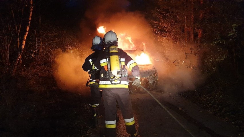 Samochód spłonął na górskiej drodze nad Dunajcem. Strażacy zapobiegli przerzuceniu się ognia na las