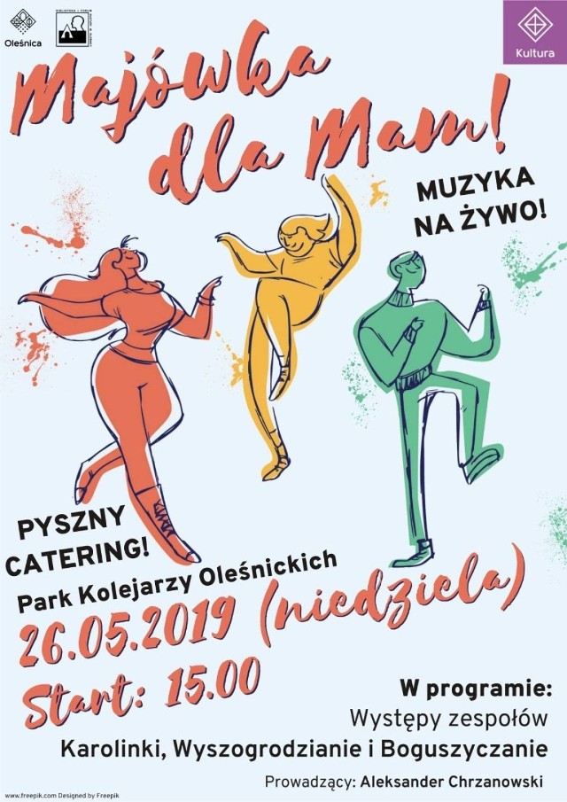 Biblioteka i Forum Kultury w Oleśnicy zaprasza 26 maja od godz. 15.00 do Parku Kolejarzy Oleśnickich na „Majówkę dla Mam”. W programie wydarzenia muzyka na żywo w wykonaniu zespołów Karolinki, Boguszyczanie i Wyszogrodzianie. Wydarzenie poprowadzi Aleksander Chrzanowski. Oprócz tanecznej muzyki będzie także strefa gastronomiczna z pysznym jedzeniem i napojami. Wstęp wolny.