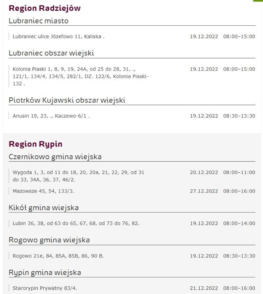 Tu nie będzie prądu w Kujawsko-Pomorskiem [miasta, gminy - 24.12.2022]