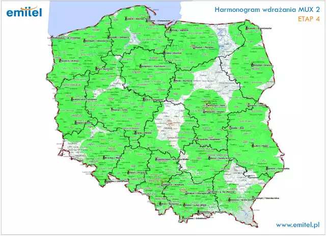 Mapa pokrycia Polski sygnałem naziemnej telewizji cyfrowej. W Łódzkiem sygnał pojawi się przed końcem grudnia 2011 r.