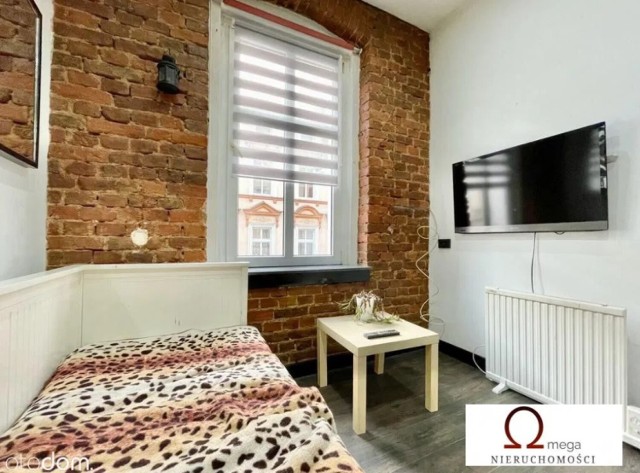 Najmniejsze mieszkanie na sprzedaż w Świebodzicach ma wydzielone strefy - salon, kuchnię i sypialnię. W salonie (na zdjęciu) znajduje się rozkładane łóżko (180 cm szerokości)