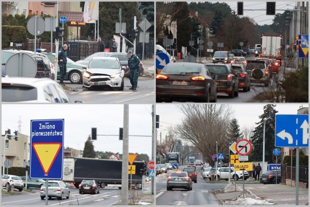 Tak wyglądała sytuacja na trasie objazdu ulicą Fredry, Zgodną i Wiejską we Włocławku - na zdjęciach rondo Falbanka i skrzyżowanie Wiejska/Zgodna, 13 lutego 2023 roku.