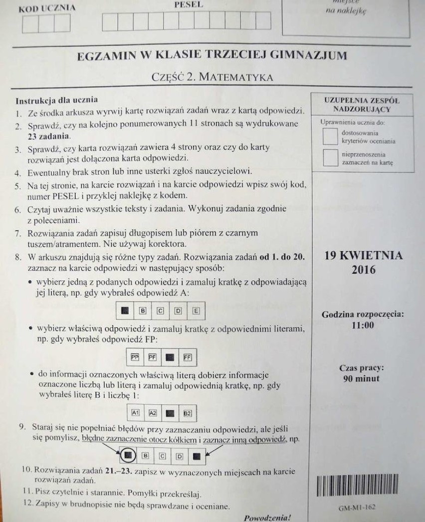 Egzamin gimnazjalny 2016. Matematyka- arkusze, odpowiedzi