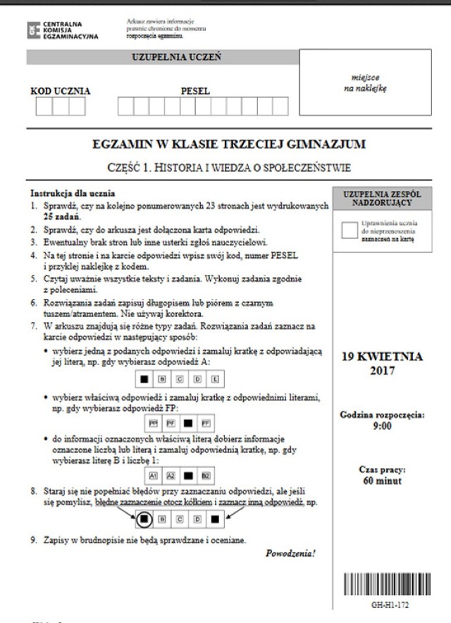 Egzamin Gimnazjalny ARKUSZ CKE: część humanistyczna: polski, historia, wos [EGZAMIN GIMNAZJALNY]